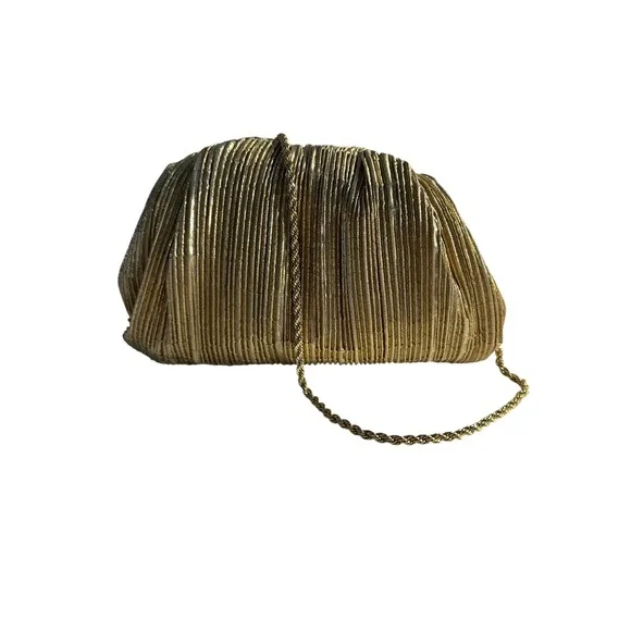 Loeffler Randall Bailey Oro Lame Pleated Clutch Dome Shape Gold Metallic Glam - Picture 3 of 10